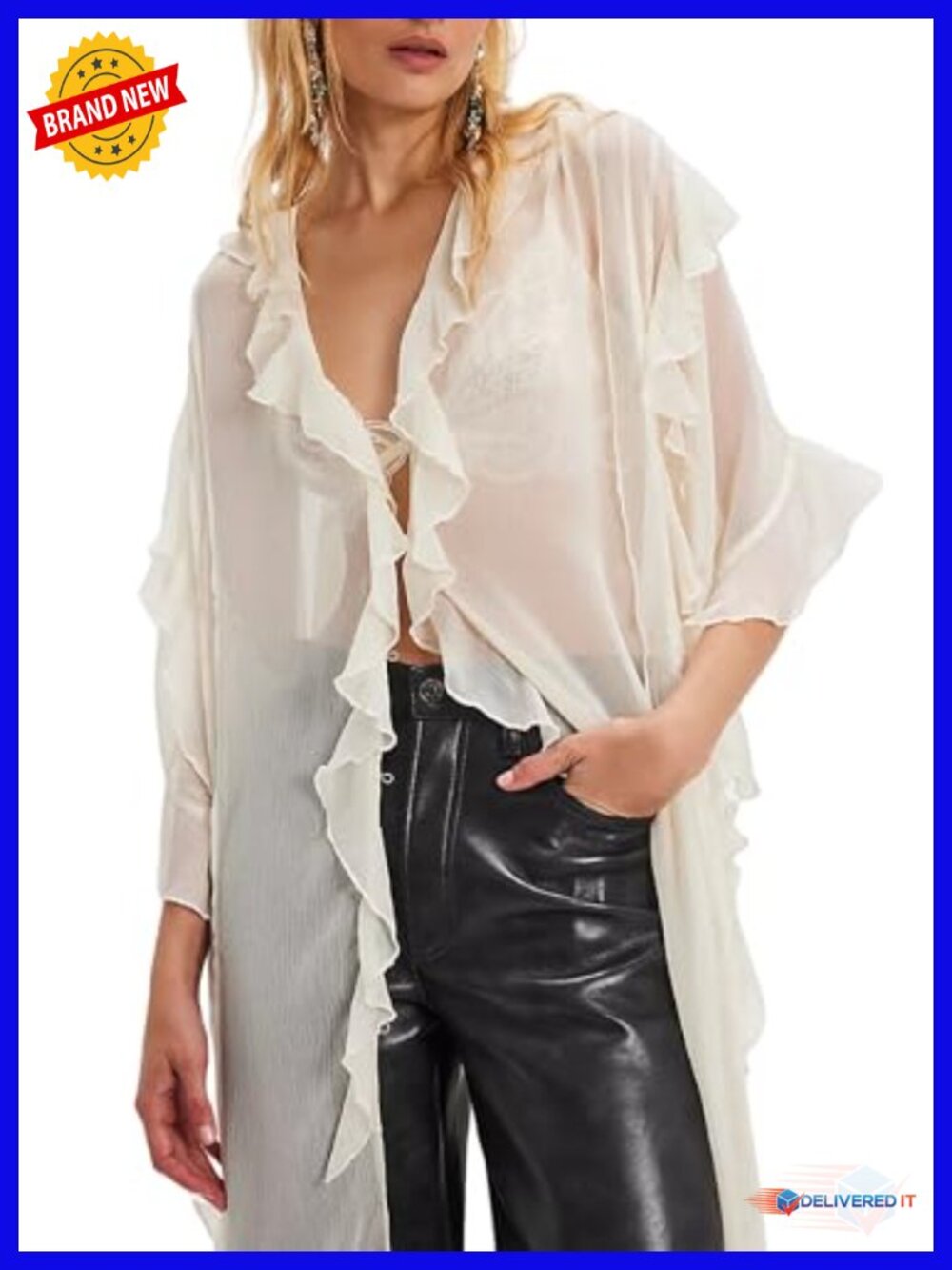 Sheer Flowy Kimono Cardigan Ruffle Front Button Down Longline Layering Top - Picture 1 of 4
